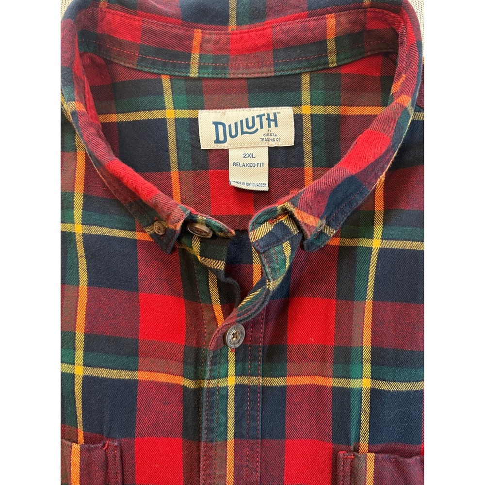 Duluth Trading Co Flannel Shirt Mens 2XL Relaxed Fit Red Plaid Long Sleeve